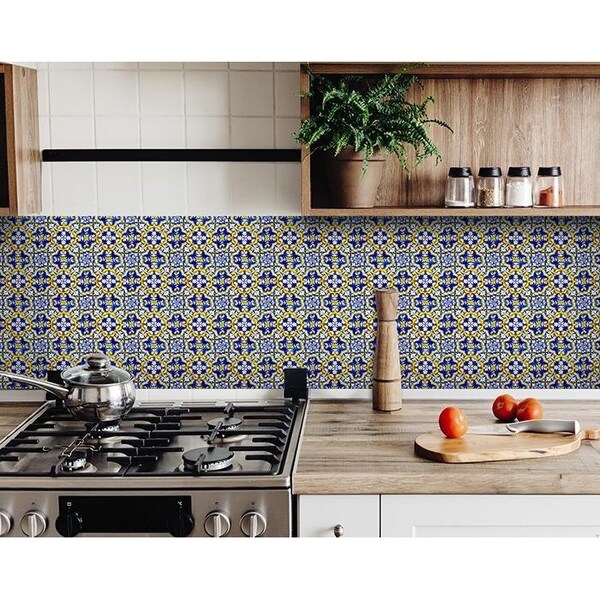 Homeroots 4 x 4 in. Blue & Yellow Links Peel & Stick Tiles 400090 - main